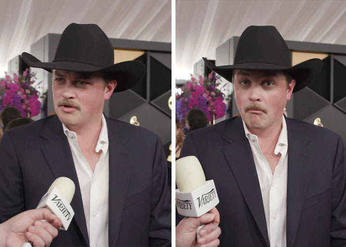 Man in a black cowboy hat and suit being interviewed at the 2026 Grammy Awards cringe moments event.
