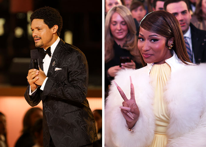 Man in tuxedo speaking into microphone and woman in fur coat making peace sign at 2026 Grammy Awards cringe moments event.