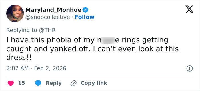 Tweet from Maryland_Monhoe expressing discomfort about a dress, related to Jamie Foxx’s Grammy red carpet moment with Chappell Roan. Tweet from Maryland_Monhoe expressing discomfort about a dress, related to Jamie Foxx’s Grammy red carpet moment with Chappell Roan.