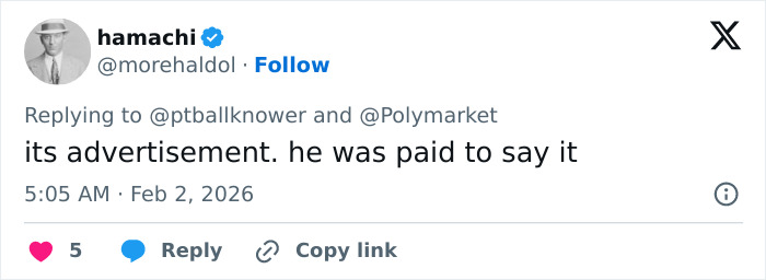 Tweet by user hamachi replying about an advertisement, referencing Trevor Noah's bizarre Grammys statement sparking wild theories.