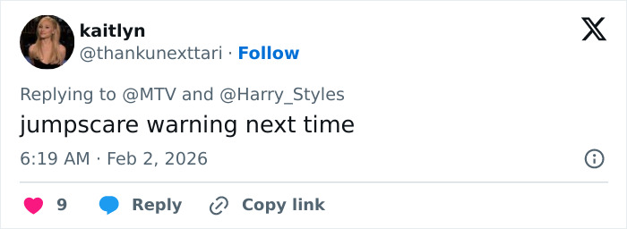Tweet replying to Harry Styles with a jumpscare warning, highlighting backlash over Harry Styles outfit at 2026 Grammys. Tweet replying to Harry Styles with a jumpscare warning, highlighting backlash over Harry Styles outfit at 2026 Grammys.