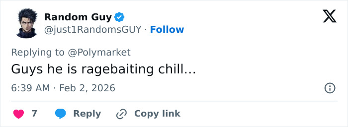 Tweet from user Random Guy responding to Polymarket about Trevor Noah's bizarre Grammys statement sparking wild theories.