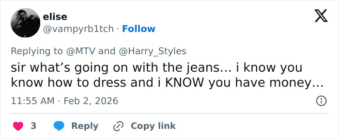 Tweet criticizing Harry Styles' outfit on stage at the 2026 Grammys, mentioning jeans and fashion choices.
