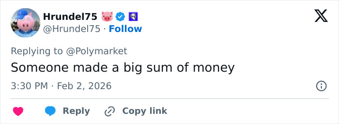Tweet by user Hrundel75 stating someone made a big sum of money, related to Trevor Noah's Grammys statement theories. Tweet by user Hrundel75 stating someone made a big sum of money, related to Trevor Noah's Grammys statement theories.