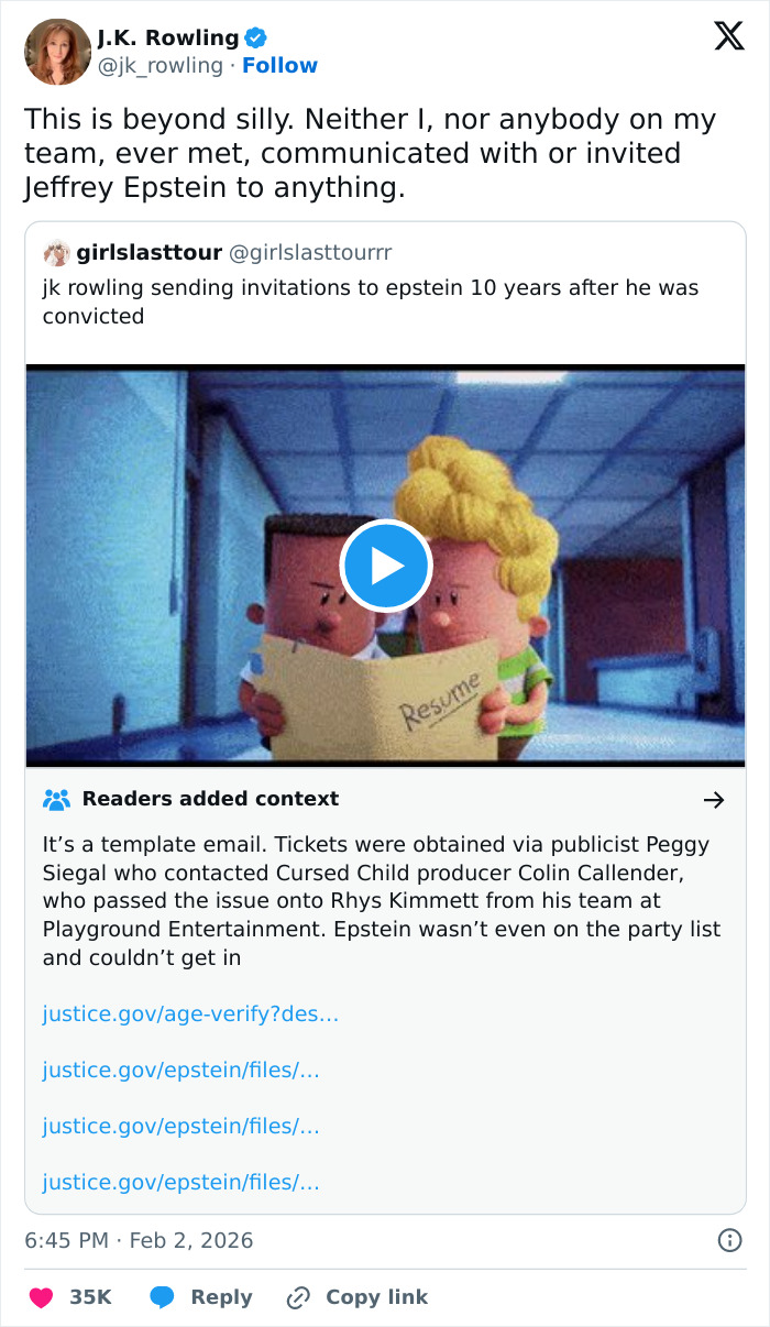 J.K. Rowling responds on social media denying any connection to Jeffrey Epstein amid Epstein accusations.