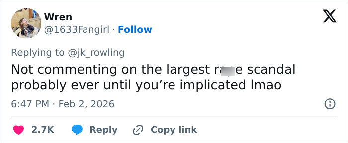 Twitter user replying to J.K. Rowling, mentioning silence on Jeffrey Epstein accusations and potential implications online.