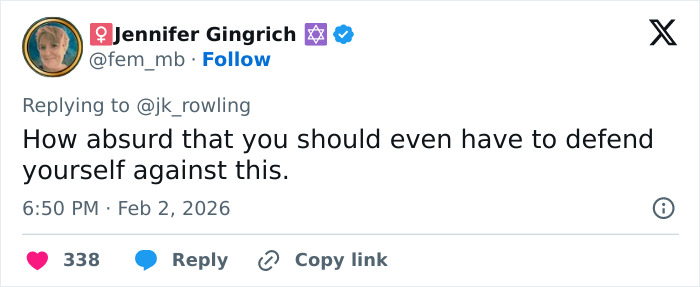 Twitter reply from Jennifer Gingrich commenting on J.K. Rowling breaking her silence on Jeffrey Epstein accusations. Twitter reply from Jennifer Gingrich commenting on J.K. Rowling breaking her silence on Jeffrey Epstein accusations.