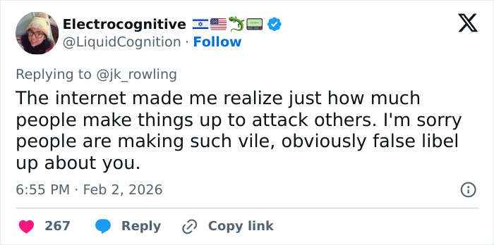 Tweet screenshot showing a user defending J.K. Rowling against false Jeffrey Epstein accusations on social media.