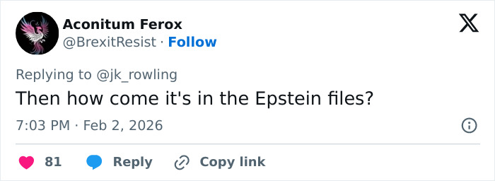 Screenshot of a tweet questioning J.K. Rowling regarding accusations linked to the Jeffrey Epstein files. Screenshot of a tweet questioning J.K. Rowling regarding accusations linked to the Jeffrey Epstein files.