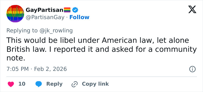 Twitter reply from user GayPartisan discussing legal implications related to J.K. Rowling and Jeffrey Epstein accusations. Twitter reply from user GayPartisan discussing legal implications related to J.K. Rowling and Jeffrey Epstein accusations.