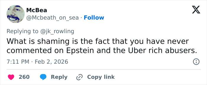 Screenshot of a social media reply about J.K. Rowling addressing Jeffrey Epstein accusations and related controversies. Screenshot of a social media reply about J.K. Rowling addressing Jeffrey Epstein accusations and related controversies.