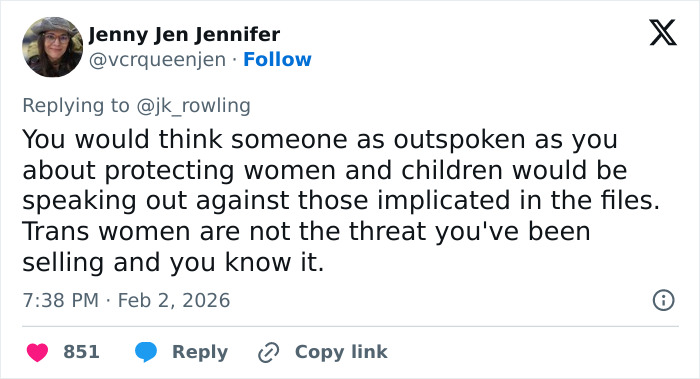Tweet criticizing J.K. Rowling's stance on protecting women and children amid Jeffrey Epstein accusations debate. Tweet criticizing J.K. Rowling's stance on protecting women and children amid Jeffrey Epstein accusations debate.