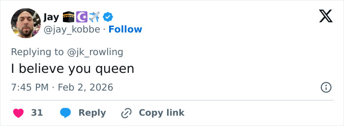 Screenshot of a social media reply supporting J.K. Rowling amid Jeffrey Epstein accusations discussion. Screenshot of a social media reply supporting J.K. Rowling amid Jeffrey Epstein accusations discussion.