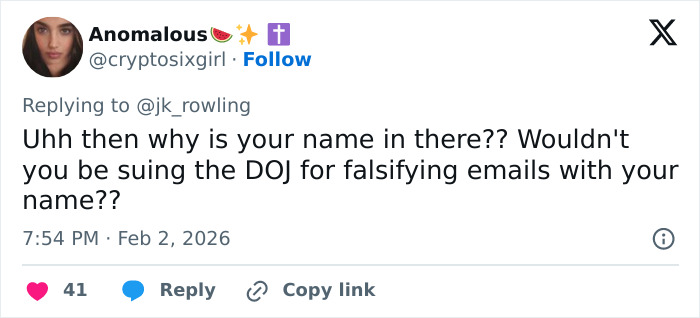 Screenshot of a social media reply questioning J.K. Rowling amid Jeffrey Epstein accusations discussion. Screenshot of a social media reply questioning J.K. Rowling amid Jeffrey Epstein accusations discussion.
