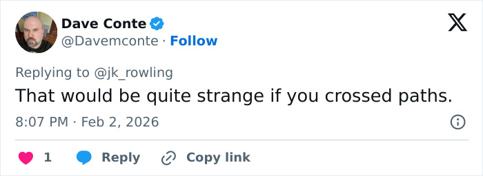 Screenshot of a tweet replying to J.K. Rowling, related to discussions on Jeffrey Epstein accusations. Screenshot of a tweet replying to J.K. Rowling, related to discussions on Jeffrey Epstein accusations.
