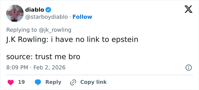 Screenshot of a social media post showing J.K. Rowling addressing Jeffrey Epstein accusations with a denial statement. Screenshot of a social media post showing J.K. Rowling addressing Jeffrey Epstein accusations with a denial statement.