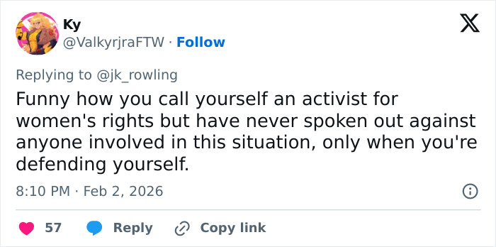 Screenshot of a tweet criticizing J.K. Rowling amid Jeffrey Epstein accusations, highlighting her silence and activism.