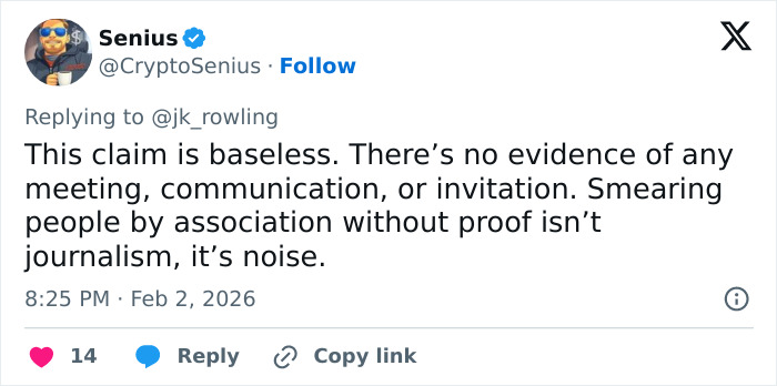Tweet from user Senius refuting Jeffrey Epstein accusations, related to J.K. Rowling breaking her silence on the matter. Tweet from user Senius refuting Jeffrey Epstein accusations, related to J.K. Rowling breaking her silence on the matter.