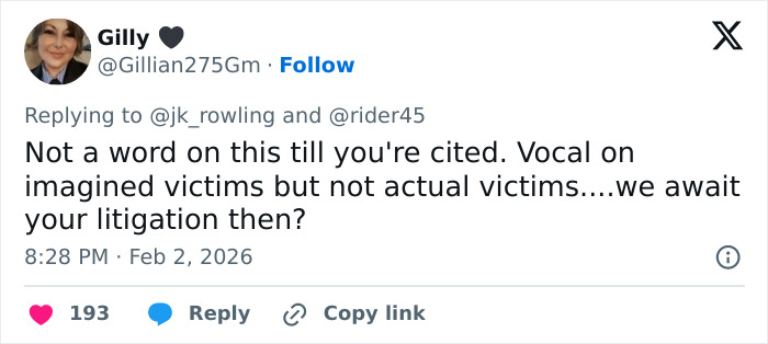 Screenshot of a tweet questioning J.K. Rowling’s response to Jeffrey Epstein accusations mentioning imagined victims and litigation. Screenshot of a tweet questioning J.K. Rowling’s response to Jeffrey Epstein accusations mentioning imagined victims and litigation.