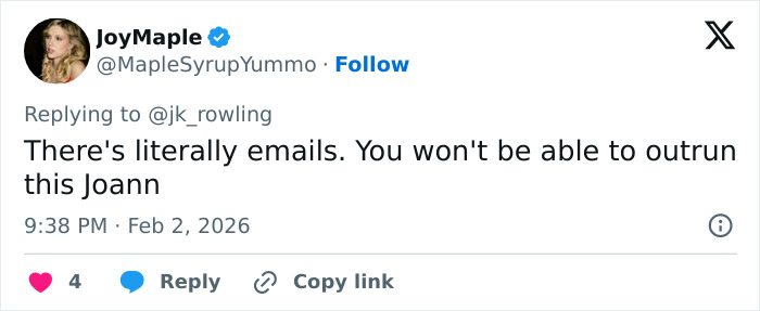 Screenshot of a tweet responding to J.K. Rowling amid Jeffrey Epstein accusations controversy. Screenshot of a tweet responding to J.K. Rowling amid Jeffrey Epstein accusations controversy.