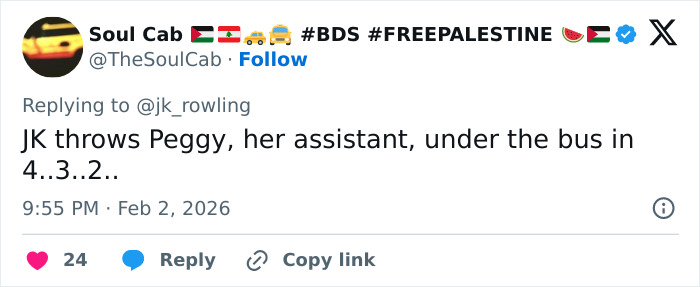 Screenshot of a tweet replying to J.K. Rowling, referencing the Jeffrey Epstein accusations in an online social media conversation. Screenshot of a tweet replying to J.K. Rowling, referencing the Jeffrey Epstein accusations in an online social media conversation.