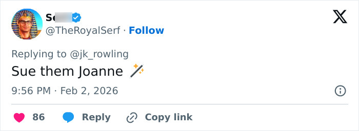 Tweet reply to J.K. Rowling mentioning her by name, with a supportive comment and magical wand emoji visible. Tweet reply to J.K. Rowling mentioning her by name, with a supportive comment and magical wand emoji visible.