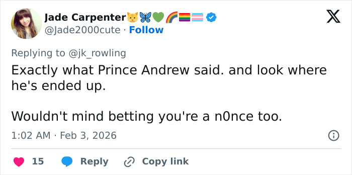 Tweet from Jade Carpenter replying to J.K. Rowling, referencing Prince Andrew and Jeffrey Epstein accusations in a social media discussion. Tweet from Jade Carpenter replying to J.K. Rowling, referencing Prince Andrew and Jeffrey Epstein accusations in a social media discussion.