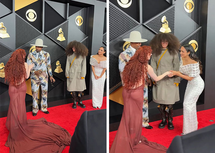 Jamie Foxx and Chappell Roan share a quirky moment on the Grammy red carpet with two other attendees. Jamie Foxx and Chappell Roan share a quirky moment on the Grammy red carpet with two other attendees.