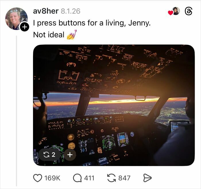 Cockpit view at sunset with pilots working, caption about pressing buttons and nail care jokes in replies.