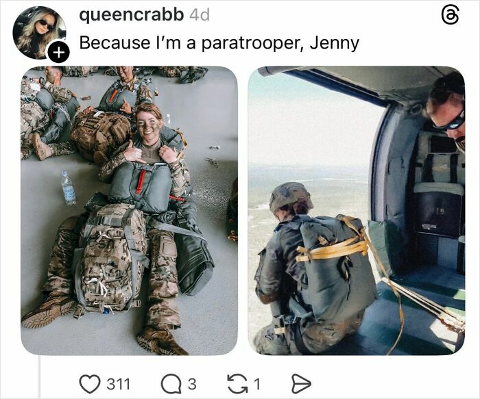 Woman in military paratrooper gear responds to why girls don’t get their nails done with savage replies.