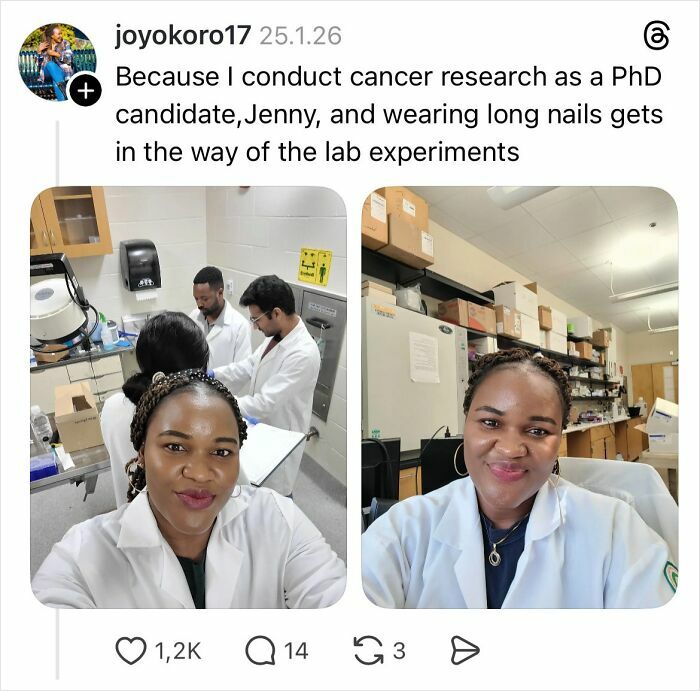 Scientist woman in lab coat explaining why girls don’t get their nails done for lab experiments in a research lab.