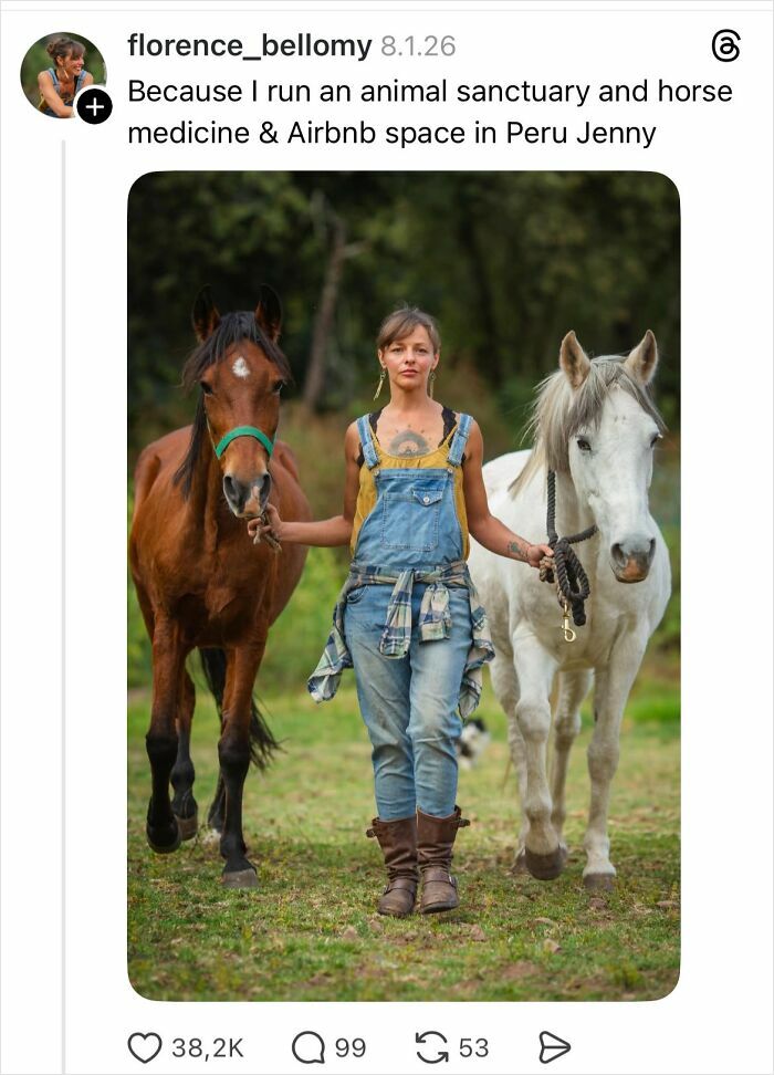 Woman in overalls holding two horses outdoors, illustrating why girls don’t get their nails done with savage replies.