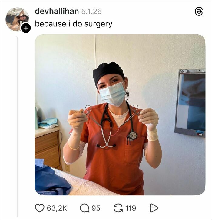 Woman in medical scrubs and mask holding surgical tools, responding to why girls don’t get their nails done.