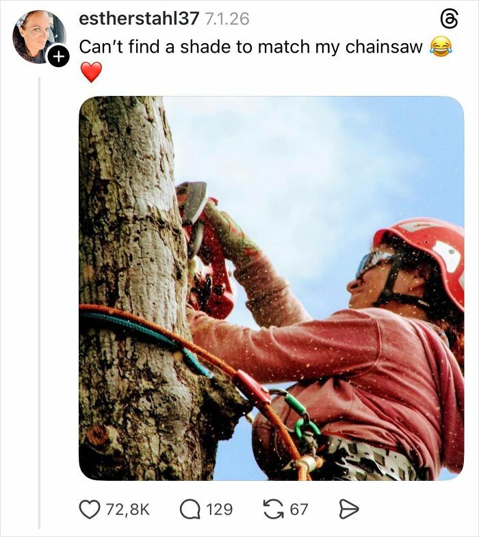 Woman using a chainsaw to cut a tree, illustrating strength beyond typical nail care stereotypes.