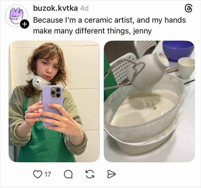 Woman explains why girls don’t get their nails done, showing hands working with ceramic art materials.