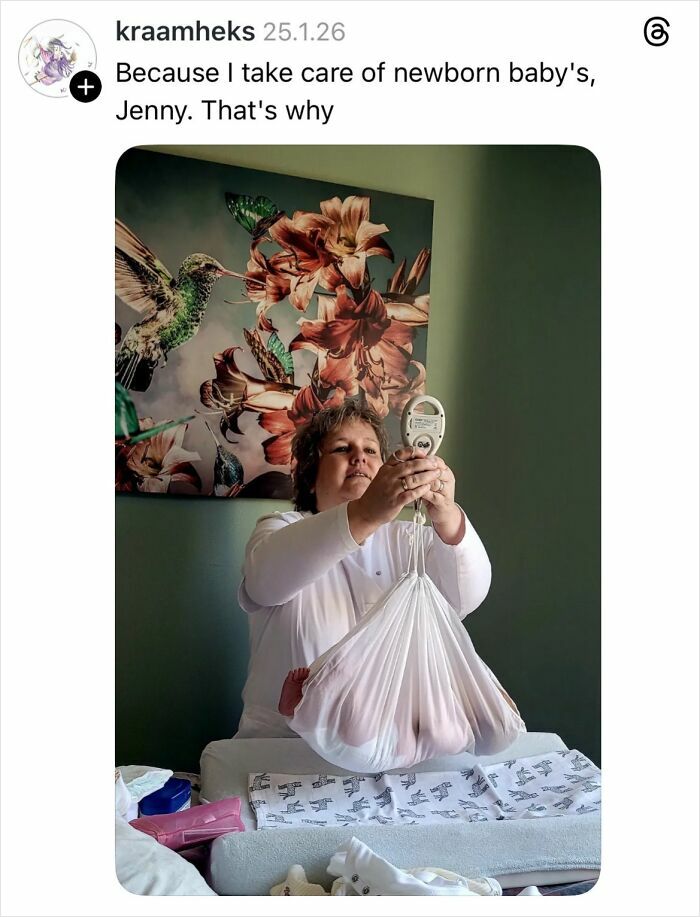 Woman weighing newborn baby while responding to why girls don’t get their nails done with savage replies.