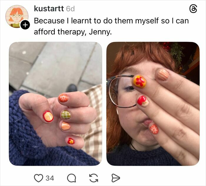Woman showing colorful nail art she did herself, responding to why girls don’t get their nails done with savage replies.