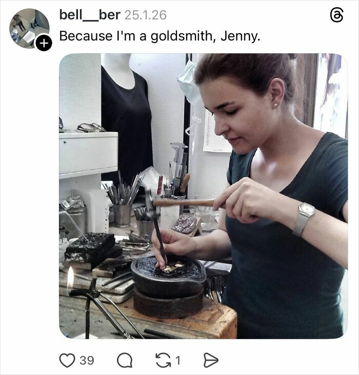 Woman working as a goldsmith explaining why girls don’t get their nails done with a focused expression.