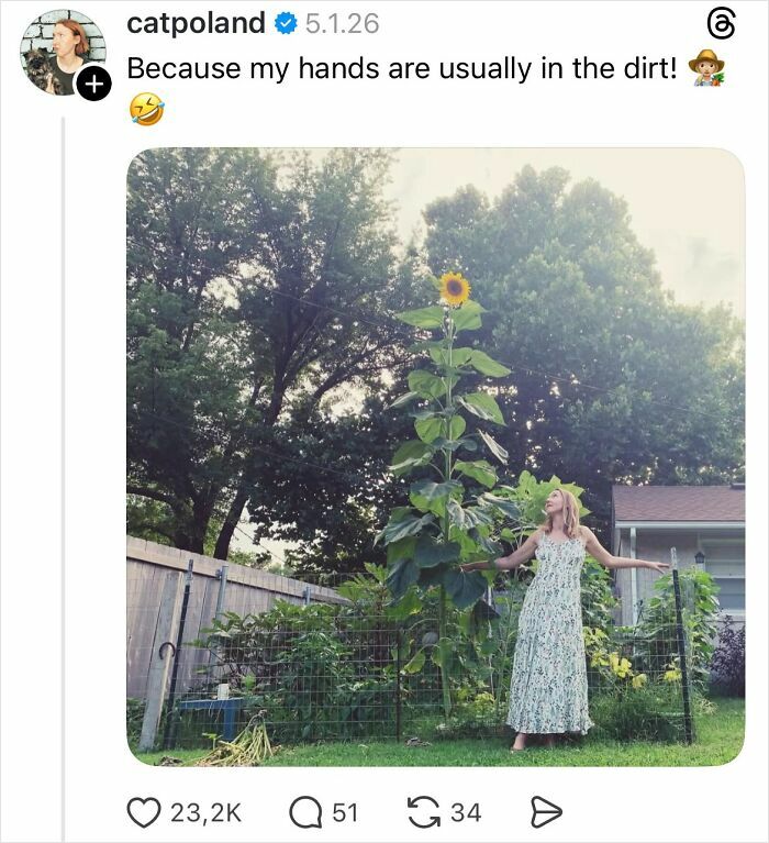 Woman standing in garden next to tall sunflower explaining why girls don’t get their nails done humorously.