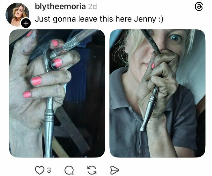 Woman with bright pink nails holding a dirty tool, highlighting contrast in nail care and work conditions.