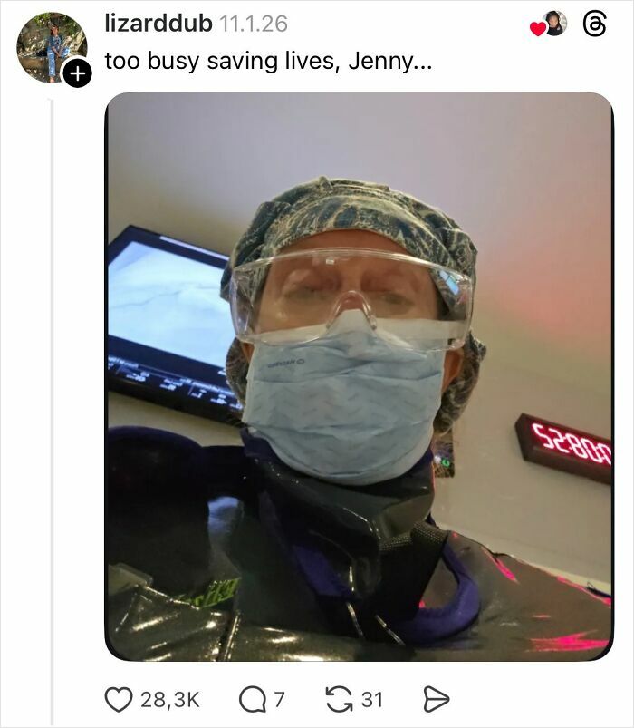 Woman wearing medical mask and goggles explaining why girls don’t get their nails done, with savage replies online.