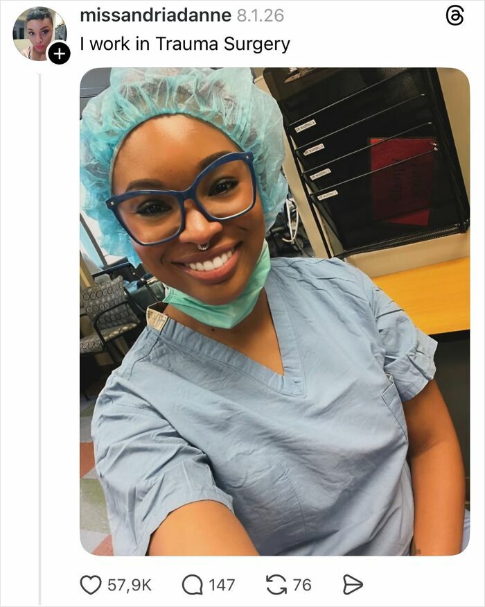 Smiling woman in medical scrubs and hairnet sharing reasons why girls don’t get their nails done with savage replies.