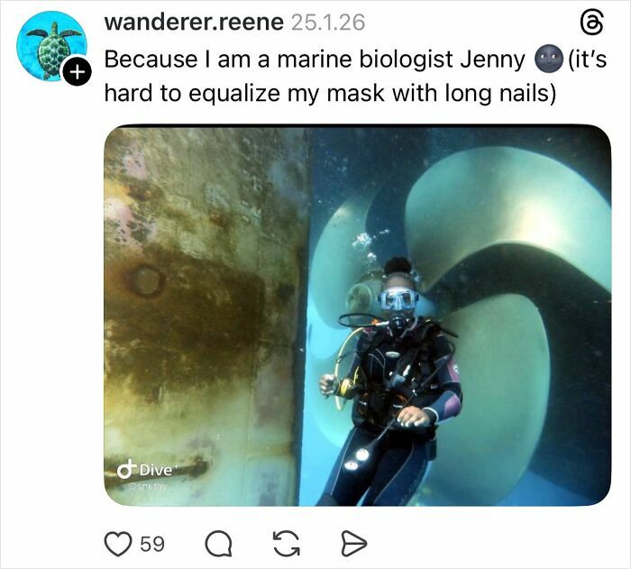 Underwater marine biologist diver explains why girls don’t get their nails done with a scuba suit and mask on.