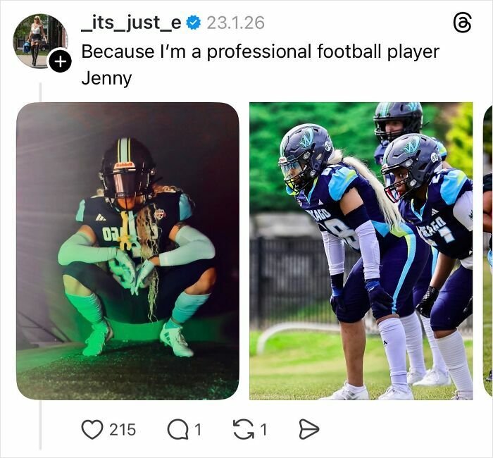 Woman in football gear responding to why girls don’t get their nails done with confident and savage replies.