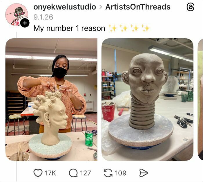 Woman sculpts detailed clay head with intricate nails in art studio, highlighting nail care and creative expression.