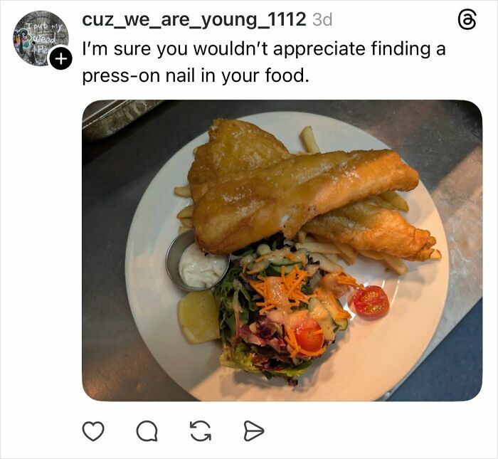 Social media post showing a sarcastic reply about nails with an image of fish, fries, and salad on a plate.