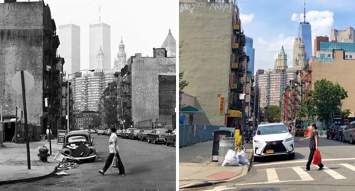 Side-by-side historical and modern photos showing how New York City streets and skyline have changed over time.