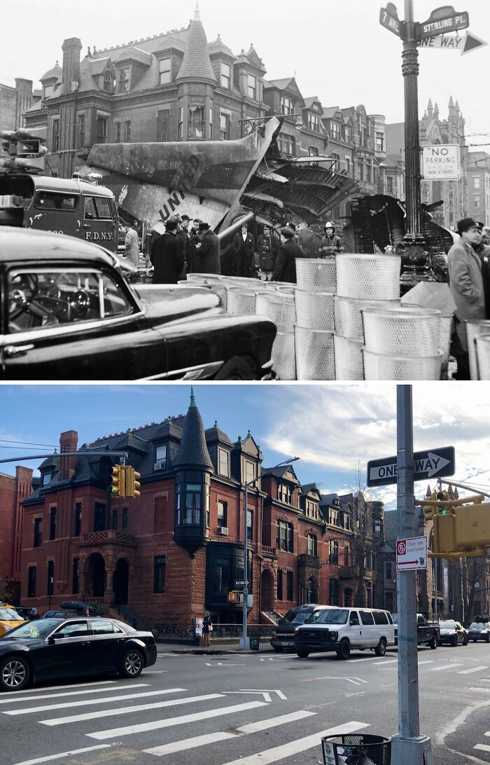 Black and white and color photos showing New York street corner with historic building, highlighting changes over time.