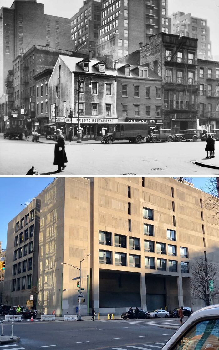 Split image showing historical black and white street scene with old buildings and modern New York block with large windows.