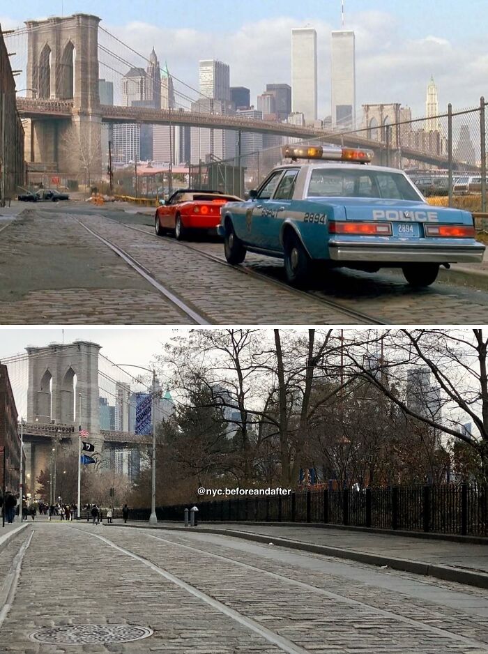 Brooklyn Bridge and New York City skyline with vintage police car and modern-day view showing how New York has changed.
